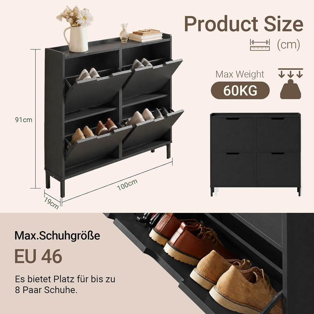 SoBuy Schuhschrank schmal mit 4 Klappen platzsparender Schuhkipper Hoch Kommode mit 4 Ablagen Schuhr