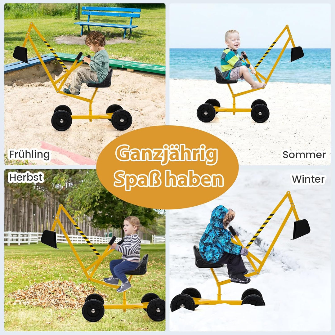 COSTWAY Sitzbagger 360° drehbar, Bagger zum Draufsitzen mit Schaufel & Rädern, Kinderbagger Metall,