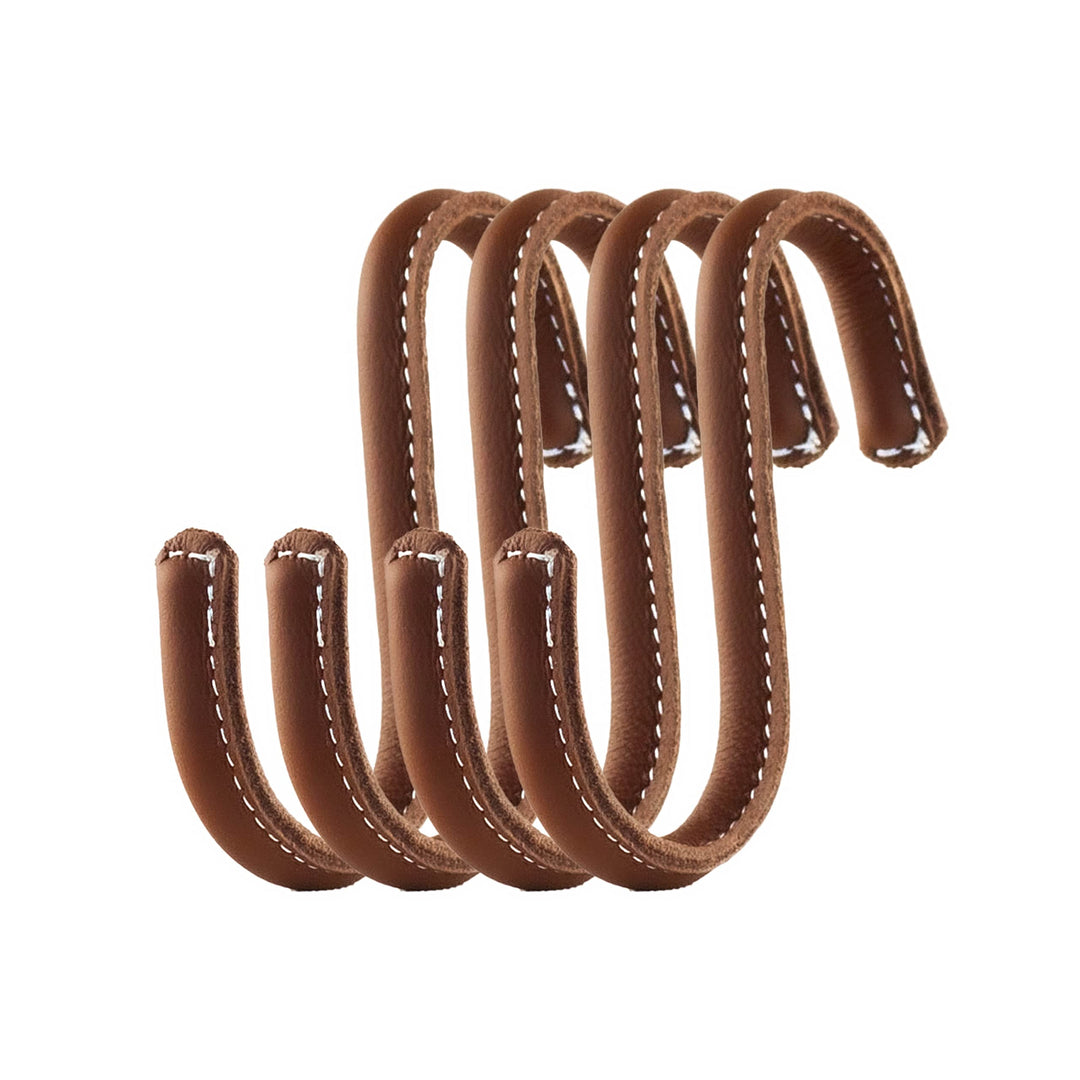 Brute Strength - S-Haken mit Vollnarbenleder umwickelt - 4 Stück - Cognac - 10 cm Edelstahl-Metallbü