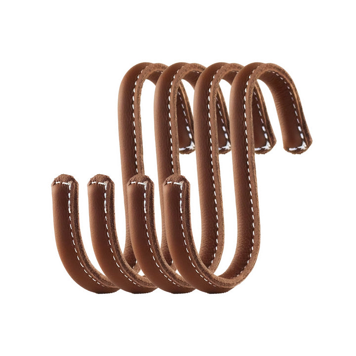 Brute Strength - S-Haken mit Vollnarbenleder umwickelt - 4 Stück - Cognac - 10 cm Edelstahl-Metallbü