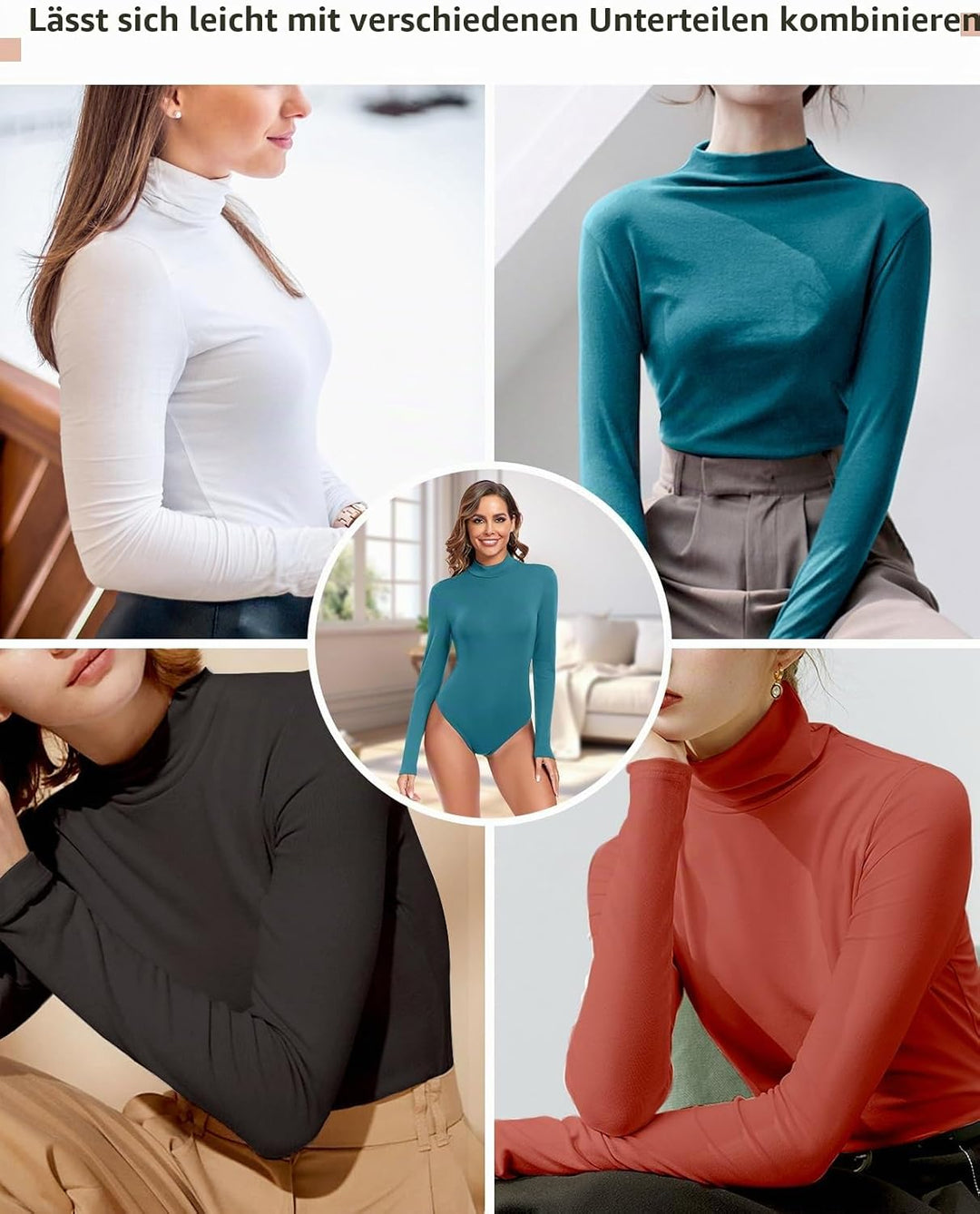 WOWENY Damen Body Langarm mit Stehkragen - Thermo Bodysuit Fleece Oberteile Shirts Rolli Pullover Ro