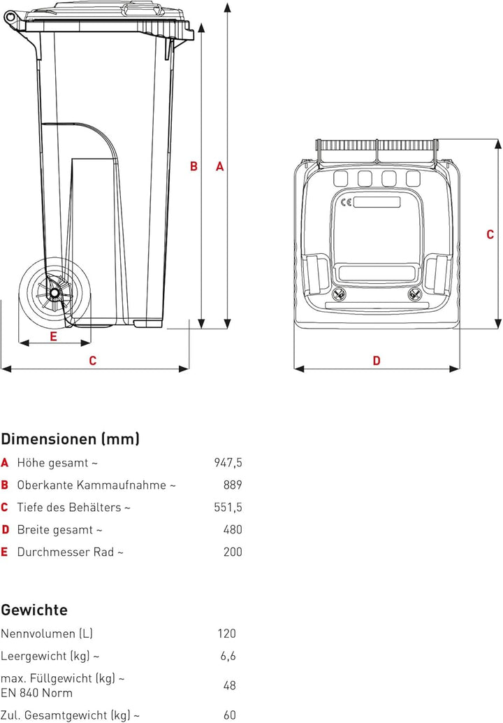 Müllgrossbehälter 120l rot a.Niederdruck-PE Rad-D.200mm