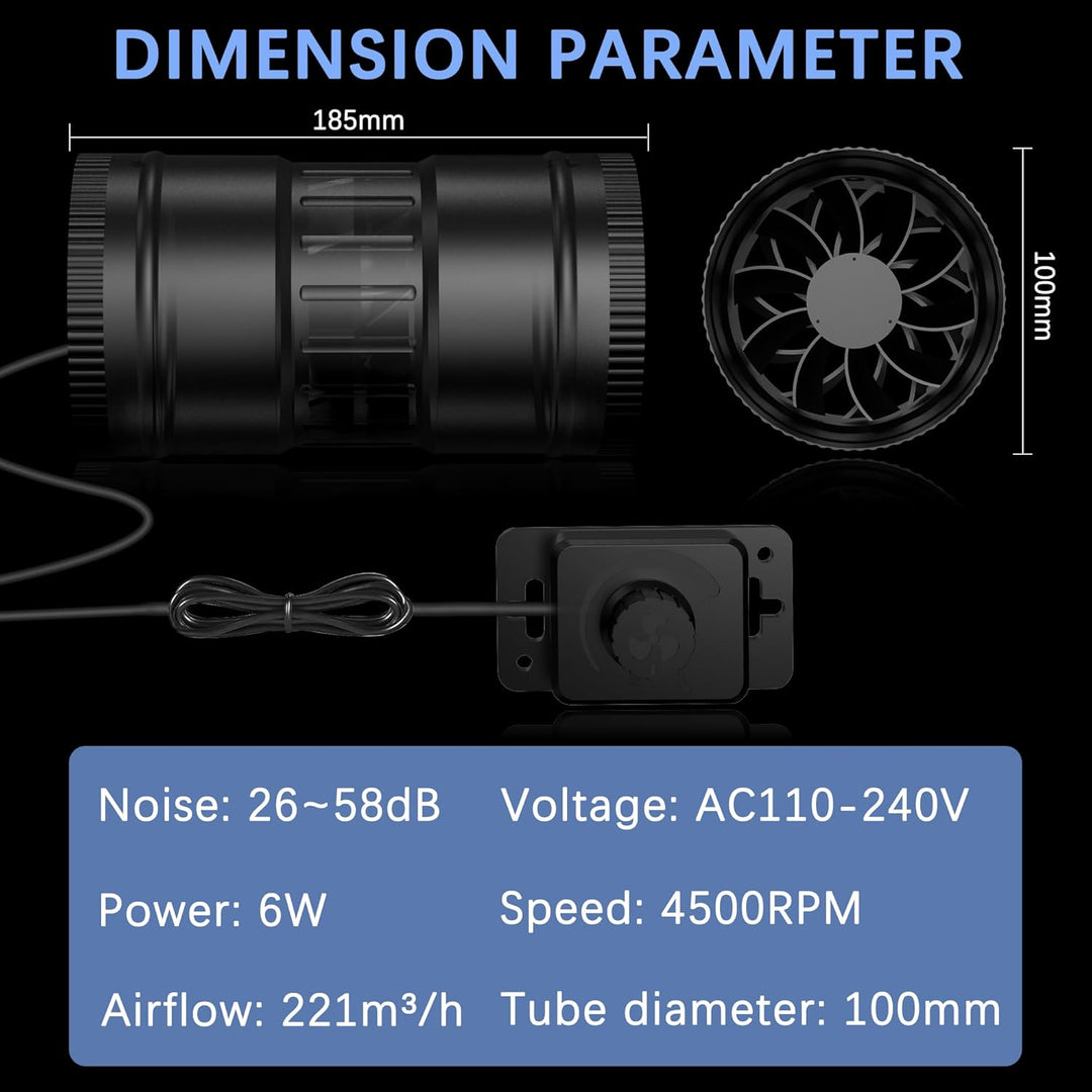 Regelbar Rohrventilator 100mm, Rohrlüfter 221m³/h, Abluftventilator für Badzimmer, Wintergarten, Gew