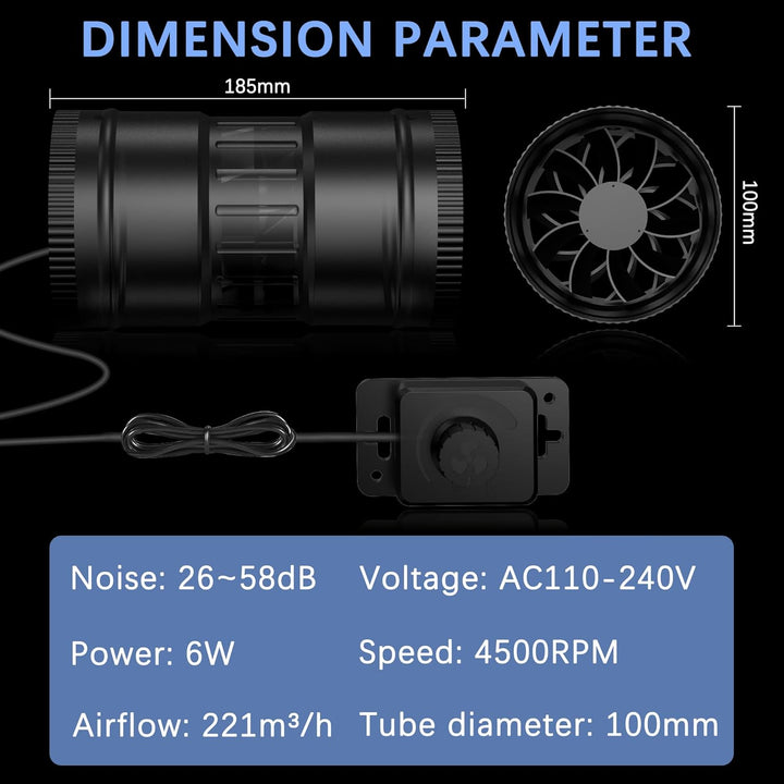 Regelbar Rohrventilator 100mm, Rohrlüfter 221m³/h, Abluftventilator für Badzimmer, Wintergarten, Gew