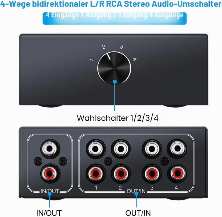 XMSJSIY 4-Wege Bidirektional L/R RCA Stereo Audio Switcher, 1 in 4 Out oder 4 in 1 Out, L/R Sound Ch