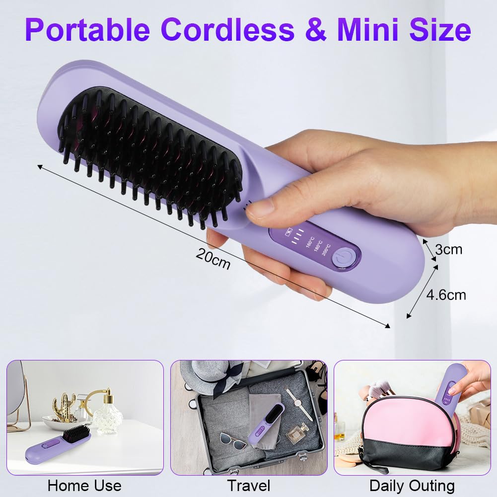 LOPHE Mini Haarglätterbürste, Glättbürste Kabellos, Hair Straightener Comb mit LCD-Bildschirm 3-Stuf