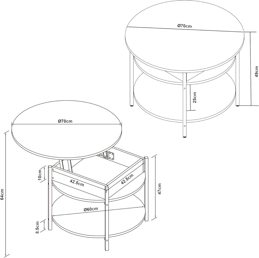 [en.casa] Couchtisch mit Hebeplatte rund Kandas Wohnzimmertisch mit Stauraum Ø70 x 49 cm Kleiner Tis
