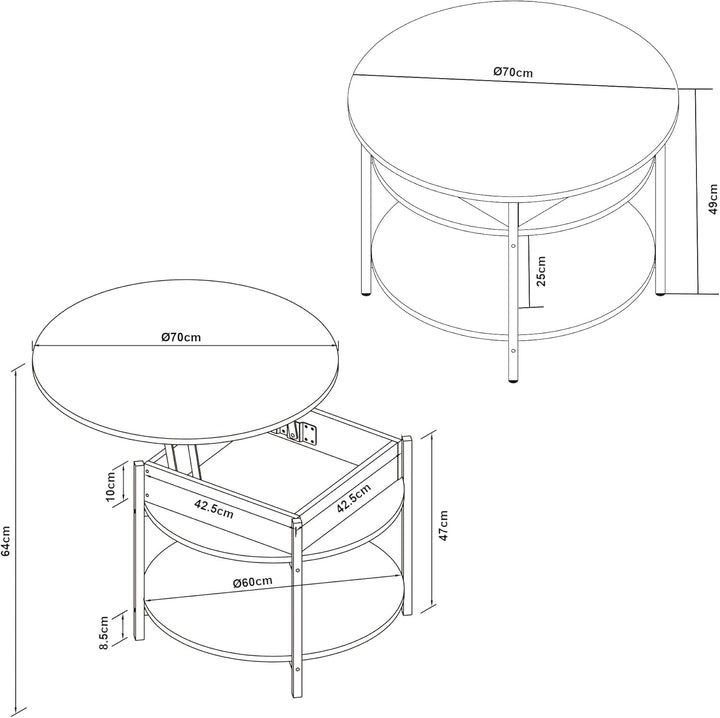 [en.casa] Couchtisch mit Hebeplatte rund Kandas Wohnzimmertisch mit Stauraum Ø70 x 49 cm Kleiner Tis