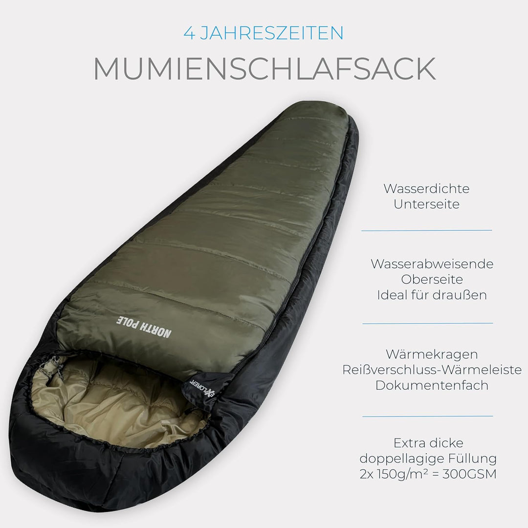 Explorer® Northpole Schlafsack Outdoor -21°C -4°C [300GSM] 3-4 Jahreszeiten Winter Mumienschlafsack
