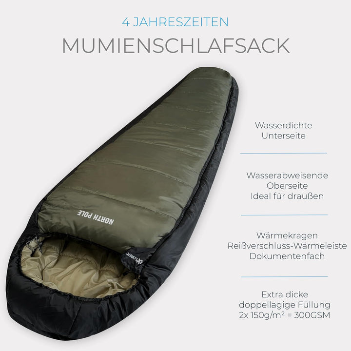 Explorer® Northpole Schlafsack Outdoor -21°C -4°C [300GSM] 3-4 Jahreszeiten Winter Mumienschlafsack