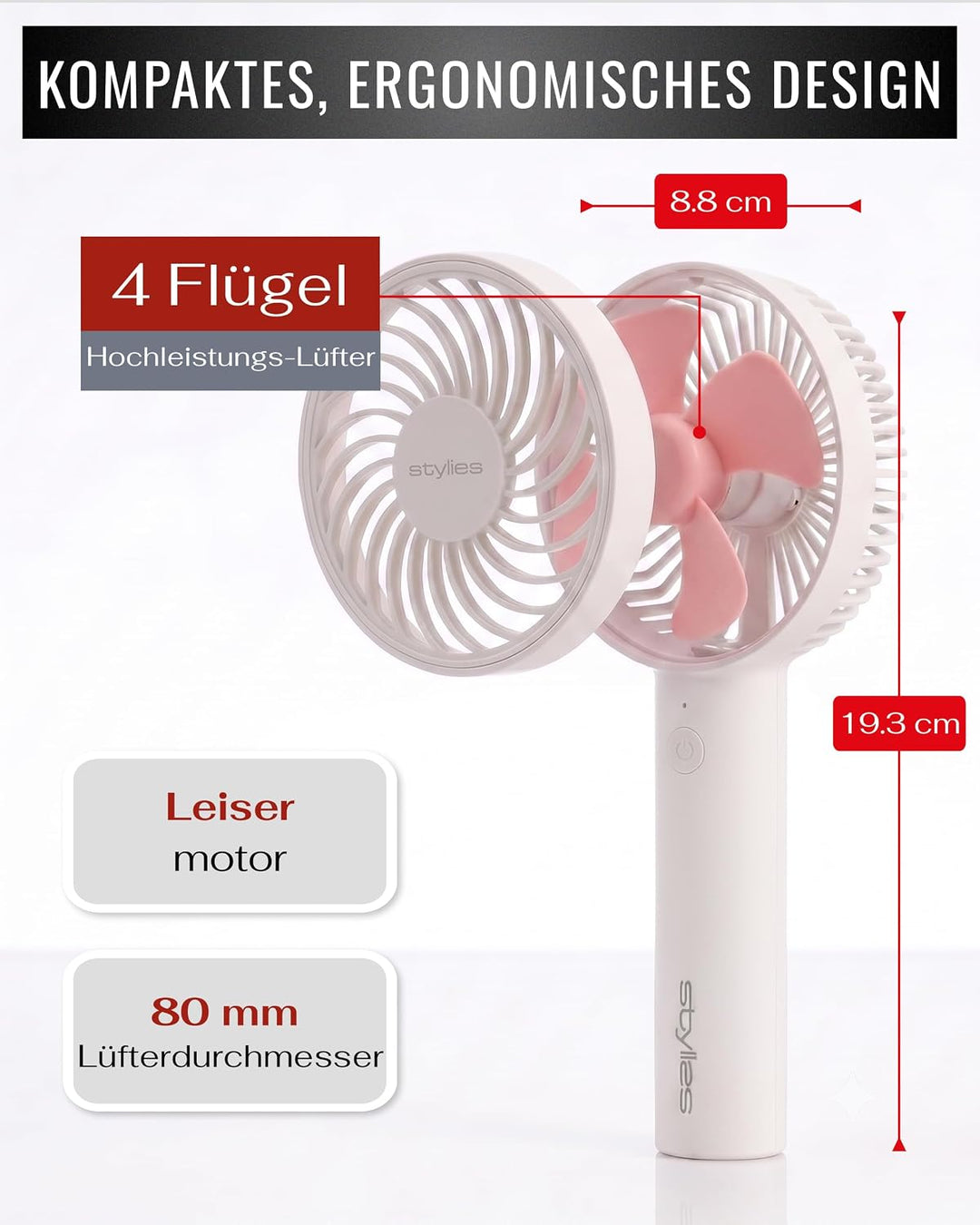 Lacerta Mini Ventilator hand Handventilator Akku aufladbar USB Rosa | Akkuventilator mit USB-Ladung,
