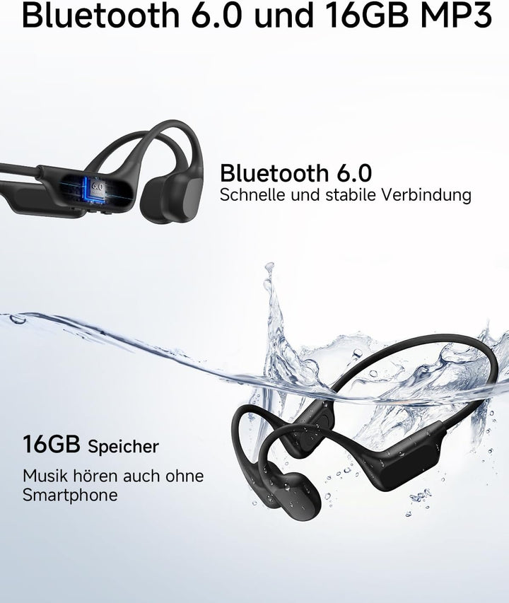Kopfhörer Schwimmen IP68 Wasserdicht, 16GB MP3 Knochenschall Kopfhörer, Bluetooth 6.0, 8H Akku, Ergo