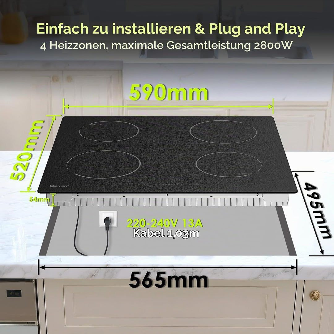 GIONIEN Induktionskochfeld mit Stecker 60cm 16Amp,Integriertes Elektrokochfeld Plug in mit Brückenzo