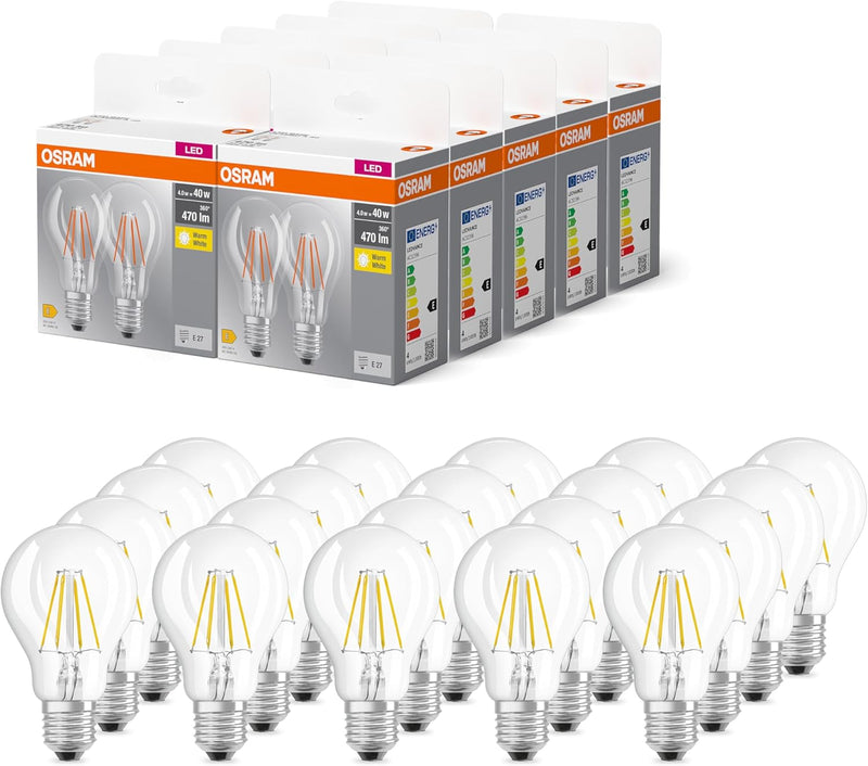 OSRAM BASE CLASSIC A FIL 40 LED-Lampe mit Sockel E27, klassische Kolbenform, Doppelpack, 4W, 470lm,