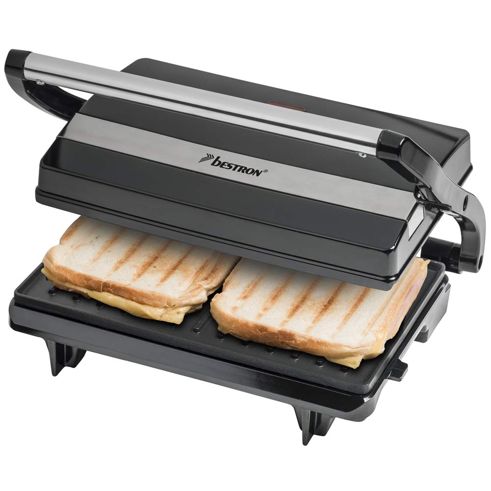 Bestron elektrischer Kontaktgrill mit Auffangschale, Sandwichmaker mit Cool-Touch-Handgriff, Paninim