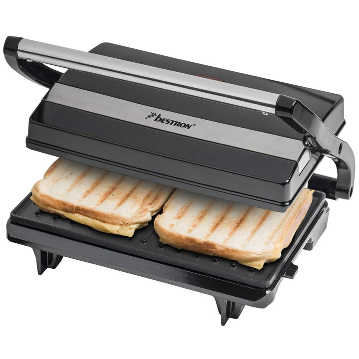 Bestron elektrischer Kontaktgrill mit Auffangschale, Sandwichmaker mit Cool-Touch-Handgriff, Paninim