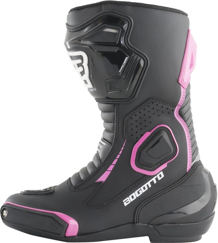 Bogotto Carta Race perforierte Damen Motorrad Stiefel, schwarz/weiss/pink, 38 Schwarz Weiss Pink 38