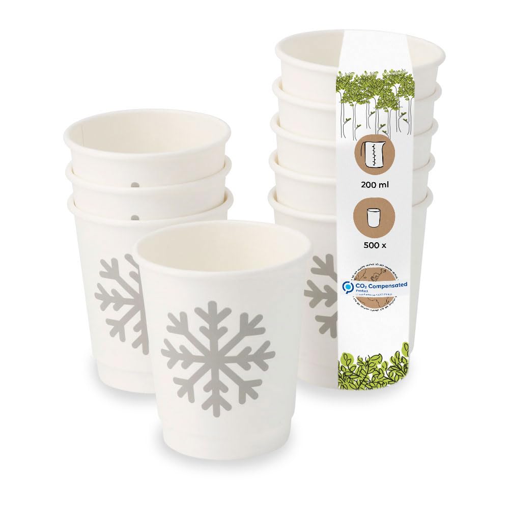 BIOZOYG 500 Stück weisse doppelwandige Kaffeebecher Pappbecher Wintermotiv 'Schneeflocke' 200ml / 8
