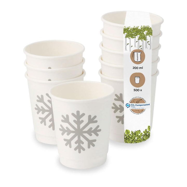 BIOZOYG 500 Stück weisse doppelwandige Kaffeebecher Pappbecher Wintermotiv 'Schneeflocke' 200ml / 8