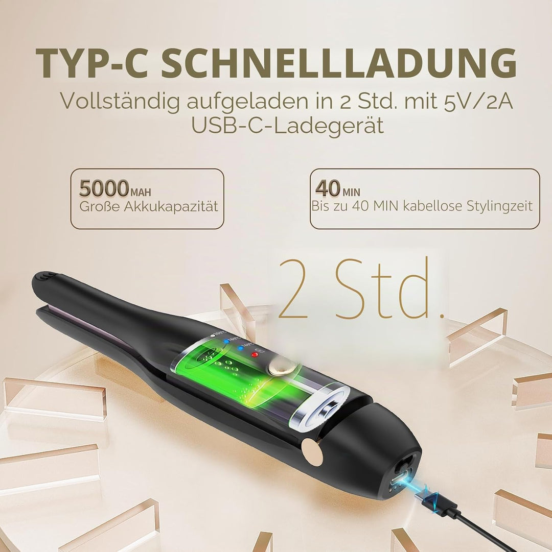 Schnurloser Haarglätter, Keramik Glätteisen Styling Clip, tragbarer Haarglätter und Lockenstab 2-in-
