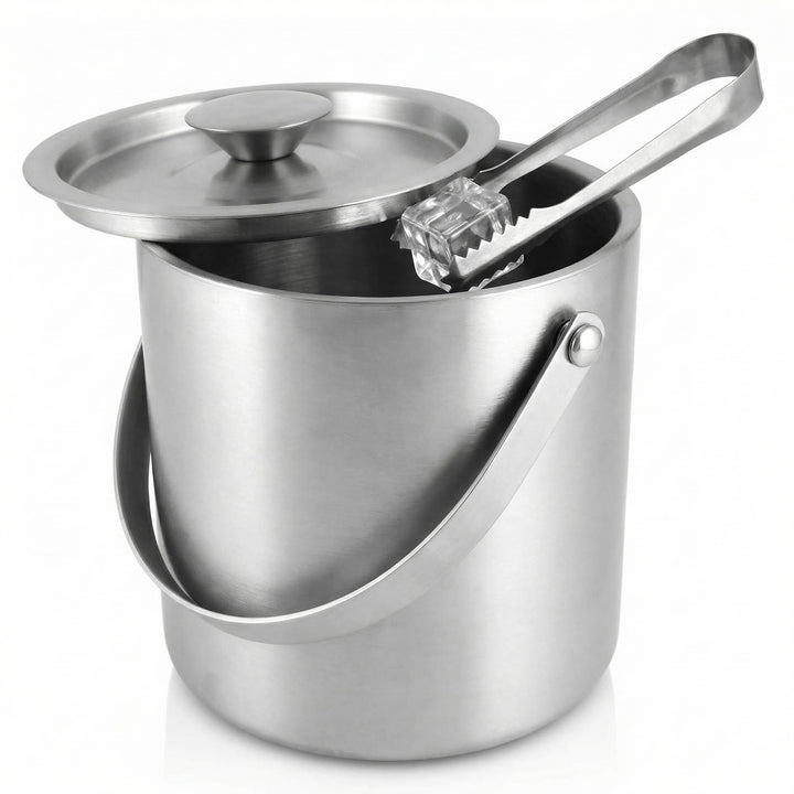 QWORK® 3L Eiskübel aus 304 Edelstahl mit Doppelwand, Deckel und Eiszange – ideal für Hausbars, Party