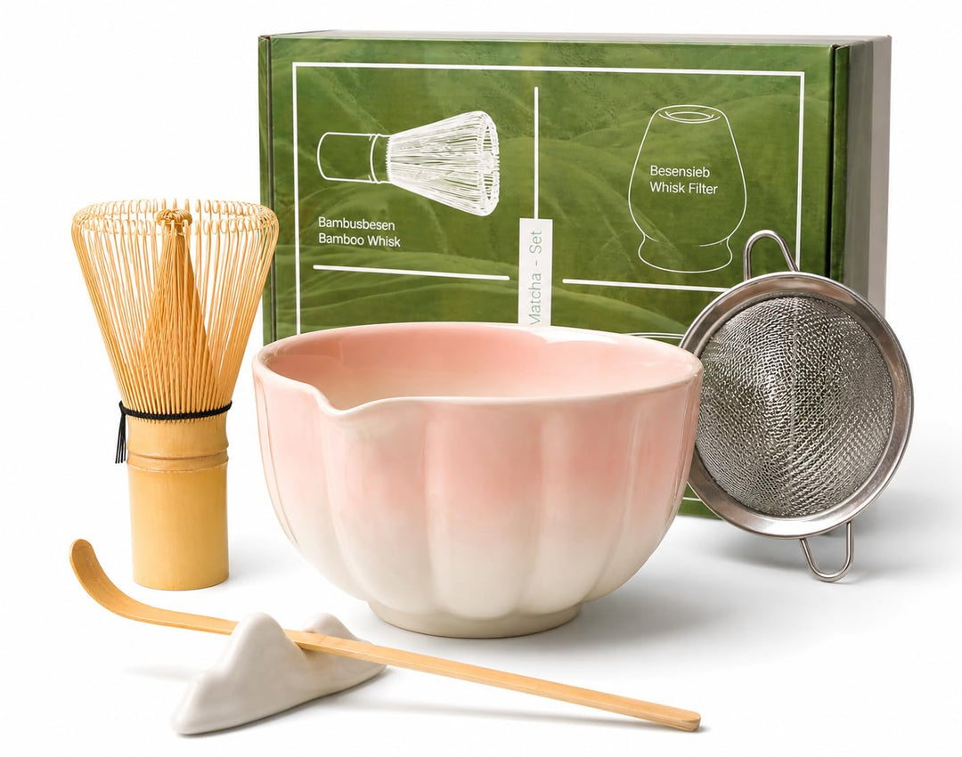 Traditionelles Japanisches Matcha Tee Zeremonie Set, 7-teilig, Bambus Besen, Keramik Schale mit Ausl
