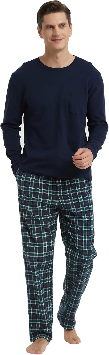 GLOBAL Herren Schlafanzüge Flanell Herren Pyjama Set Baumwolle Langarm-Pullover Oberteil und elastis