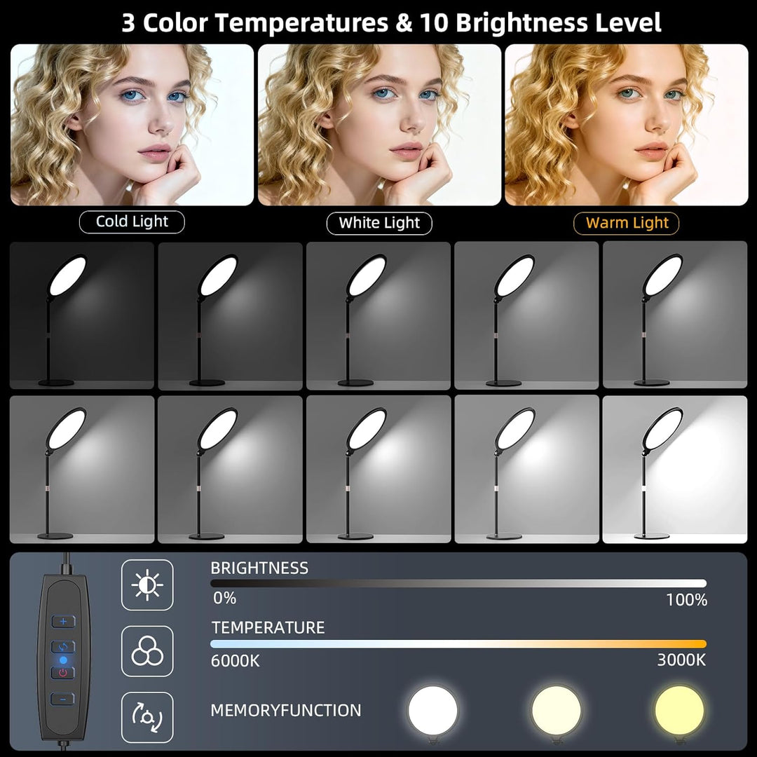 LUXCEO Key Light,10" Selfie Licht Set mit Ständer und Telefonhalter,10W 3000-6000K Dimmbares Vollbil