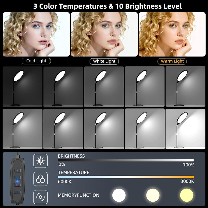 LUXCEO Key Light,10" Selfie Licht Set mit Ständer und Telefonhalter,10W 3000-6000K Dimmbares Vollbil