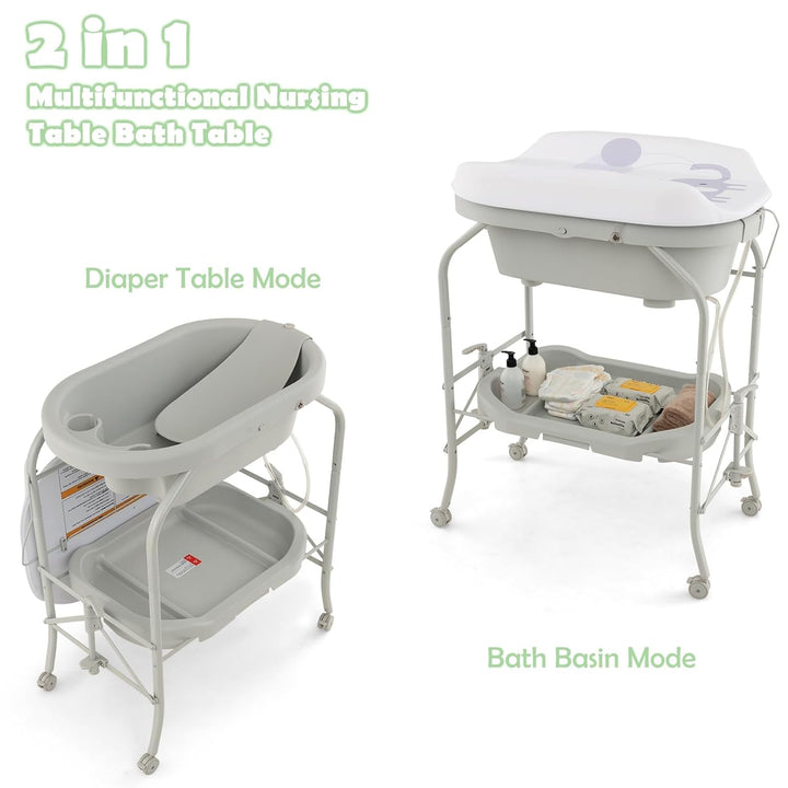 LIFEZEAL Wickeltisch mit Badewanne, 2 in 1 Flatbare Bade-Wickelkombination auf Räder, Badewannenaufs
