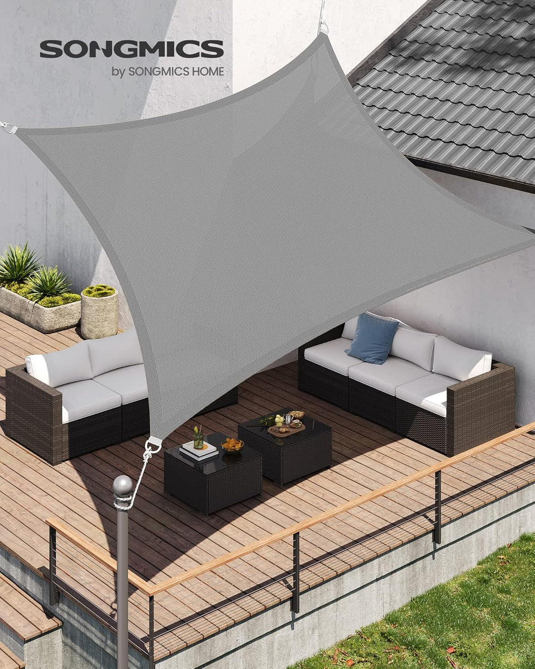 SONGMICS Sonnensegel 3 x 4 m, Sonnenschutz aus HDPE-Gewebe, luftdurchlässig, wasserdurchlässig, für