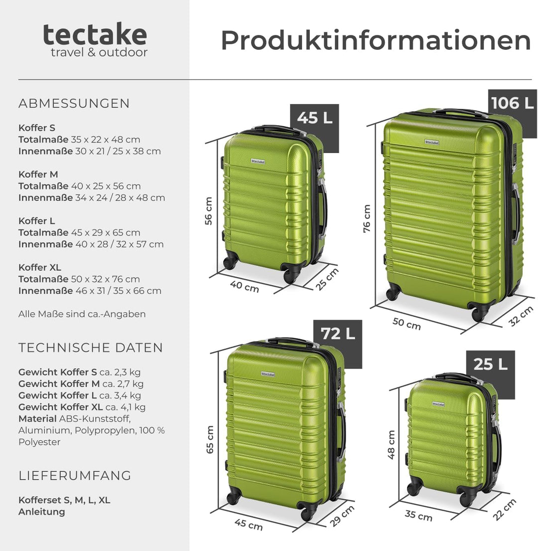 tectake 4 TLG Reisekoffer Set, Hartschalenkoffer Set, Trolley Kofferset, ABS Hartschalen Reisekoffer