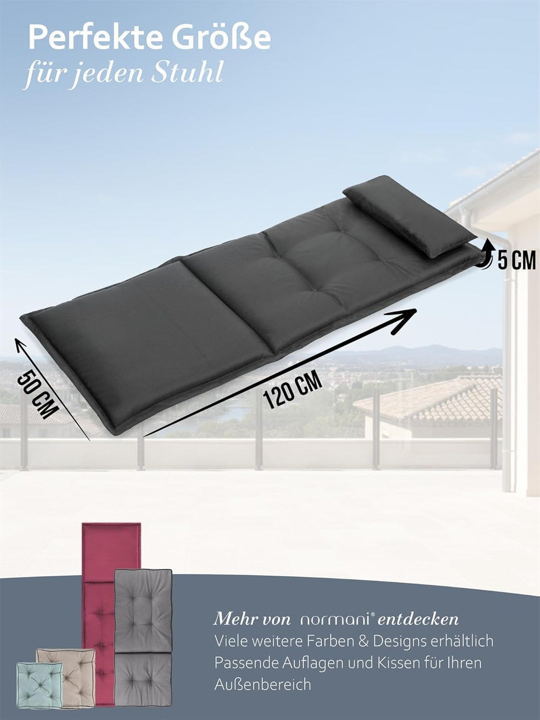 normani 6er-Set Stuhlauflagen Hochlehner mit Kissen 120x50 cm aus wasserdichtem und pflegeleichtem O