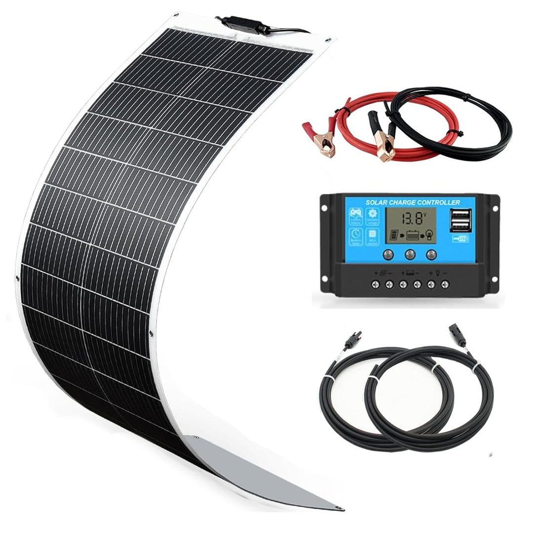 Solarpanel-Kit Flexibel 100W 12V Monokristallines Solarmodul+20A 12V/24V Solarladeregler+Solarkabel,