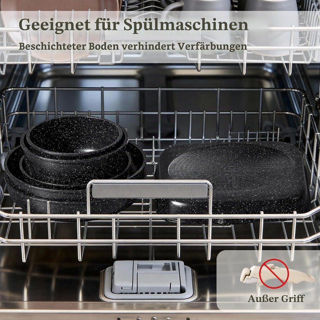 RIOVARM Induktion Töpfe und Pfannen Set mit abnehmbaren Griffen, Antihaft Bratpfanne mit Deckeln, Om