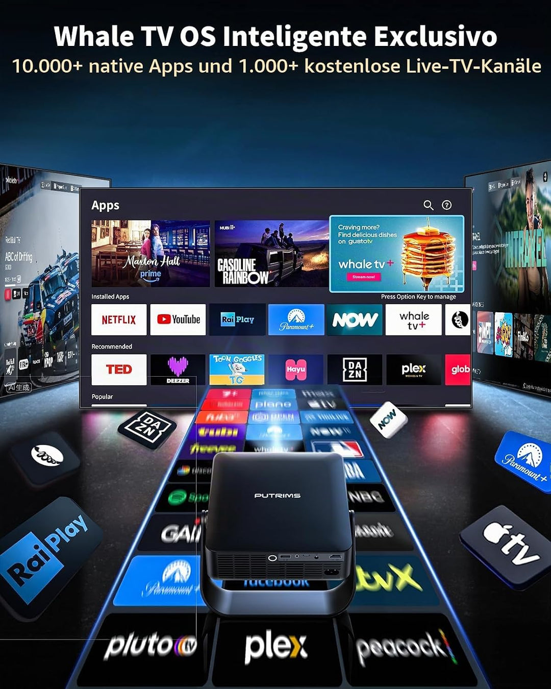 Smart Beamer【Kompatibel mit Netflix/Live TV/330° Drehbar】 Mini Beamer 4K mit Autofokus/6D Trapezkorr
