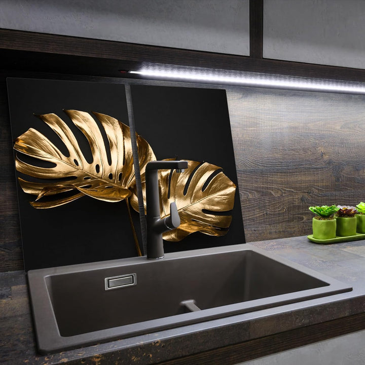 SmartDecoration Herdabdeckplatte Ceranfeldabdeckung aus Glas 2 x 30x52 cm Zweiteilig Motiv "Monstera
