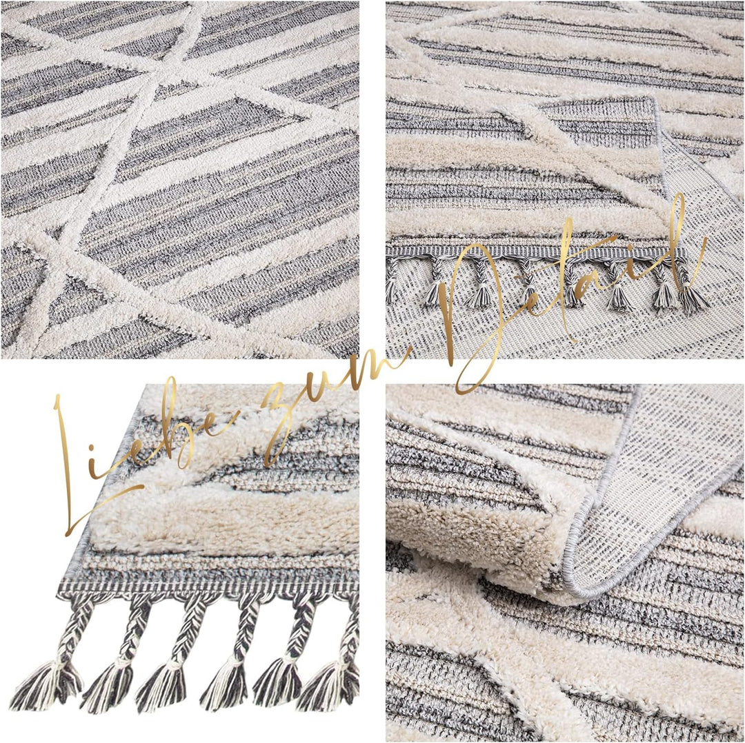 payé Teppich Wohnzimmer - 80x150cm - Creme Grau Blau - Raute Meliert - Hochtief Effekt - Fransen Dek