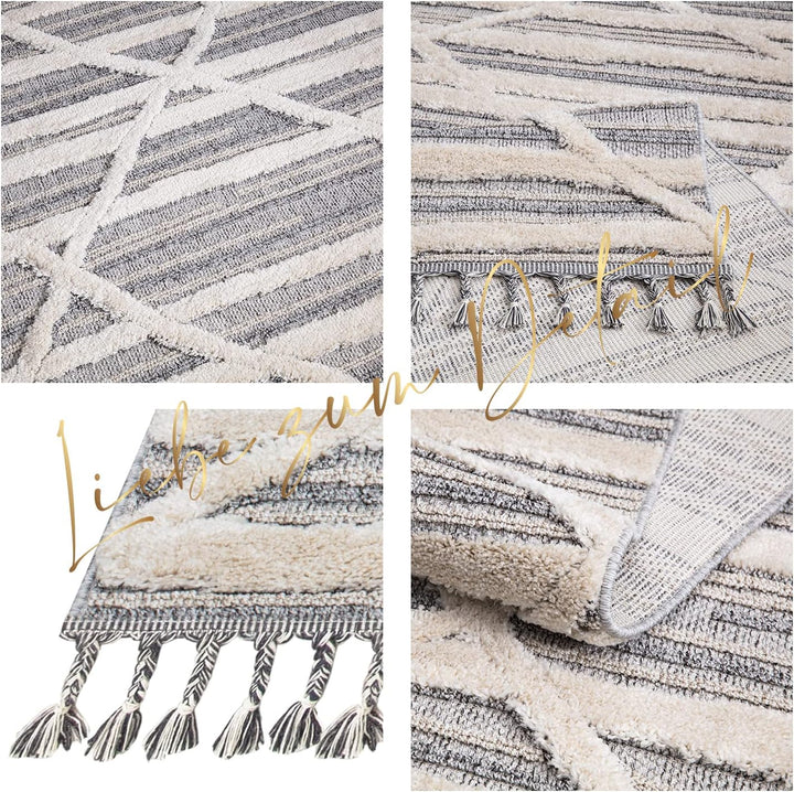 payé Teppich Wohnzimmer - 80x150cm - Creme Grau Blau - Raute Meliert - Hochtief Effekt - Fransen Dek