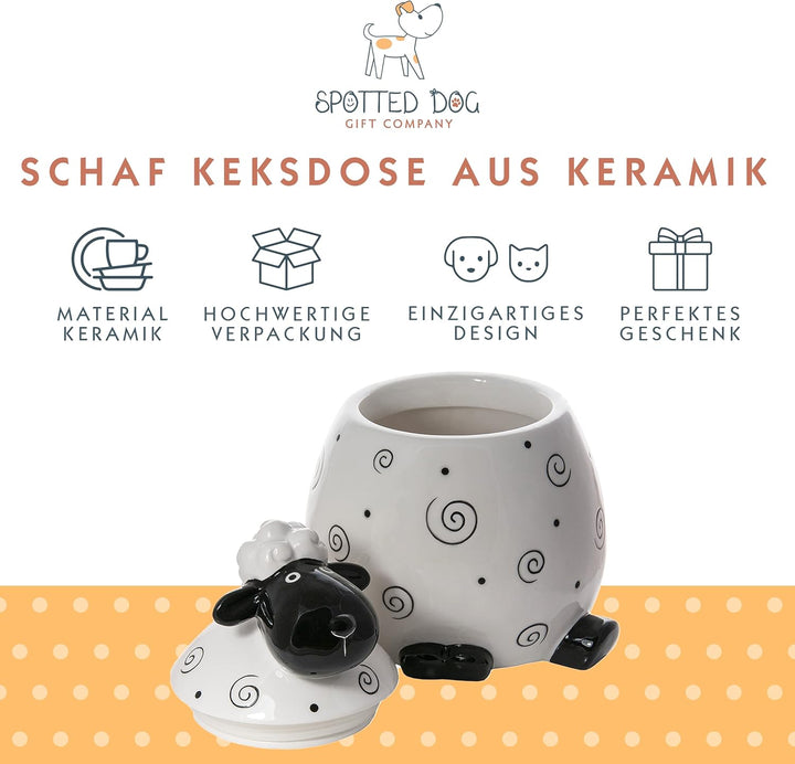 SPOTTED DOG GIFT COMPANY - Keksdose Keramik, Vorratsdose mit Deckel 2.2L, Schwarz und Weiss Schaf Kü