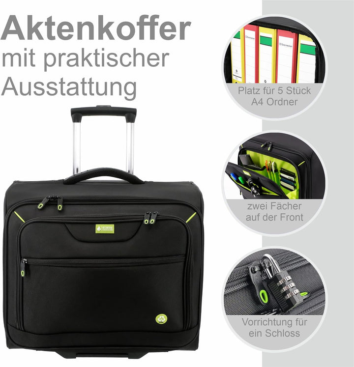 Aktenkoffer aus recyceltem Polyester in schwarz 46209 | für fünf Aktenordner, mit Rollen und Trolley