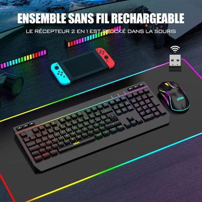 RedThunder K20 Kabellose Tastatur und Maus, wiederaufladbar, französisches AZERTY, RGB-Hintergrundbe