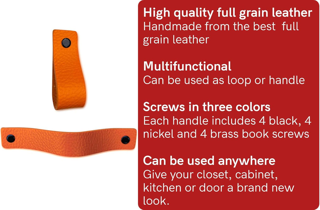 Brute Strength - Ledergriffe für Möbel - Orange - 6 Stück - 16,5 x 2,5 cm - Schrankgriff, Türgriff f