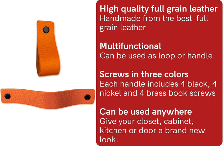 Brute Strength - Ledergriffe für Möbel - Orange - 6 Stück - 16,5 x 2,5 cm - Schrankgriff, Türgriff f