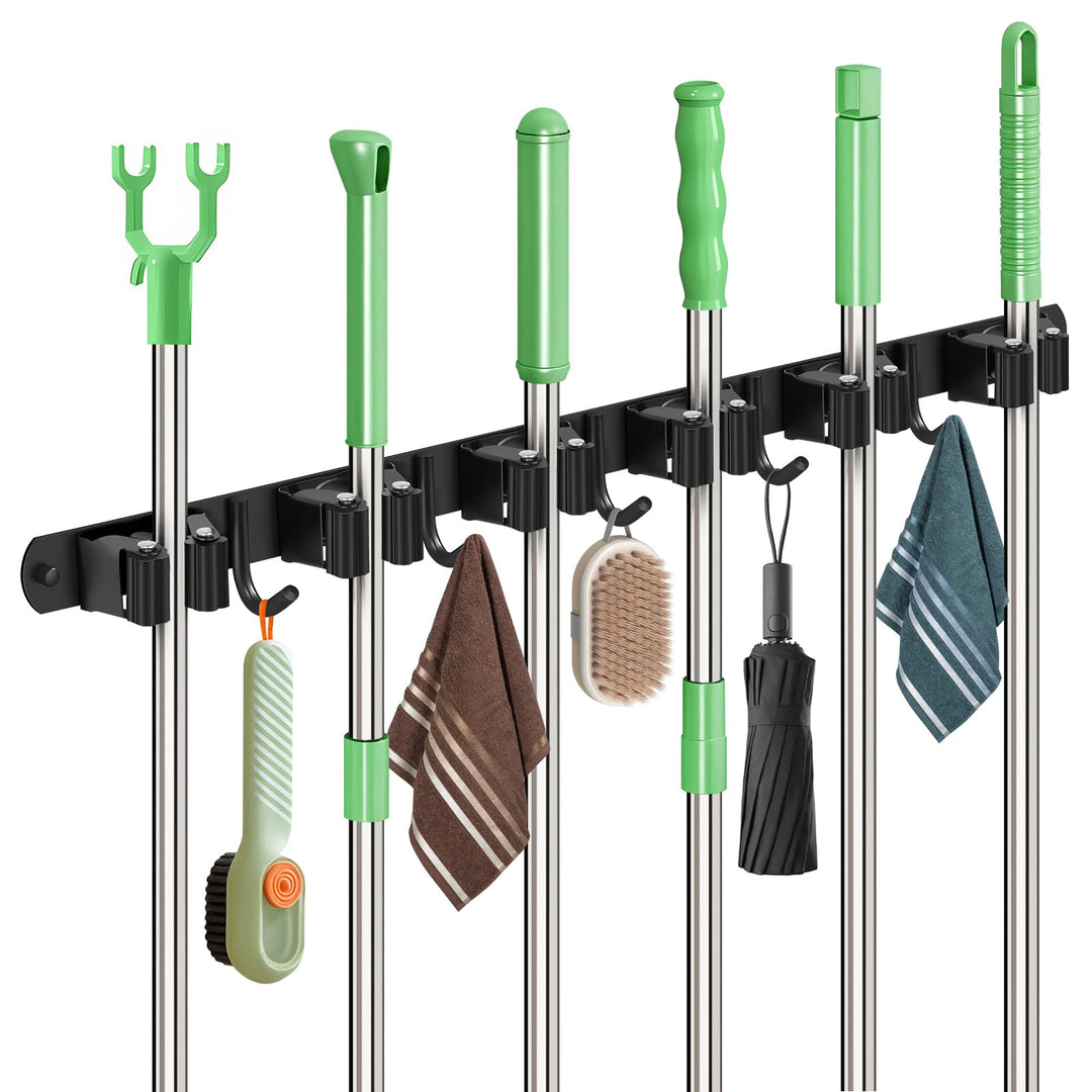 Besenhalterung Wand, Besenhalter Edelstahl, Gerätehalter Wandhalterung mit 6 Halter und 5 Haken, Bes