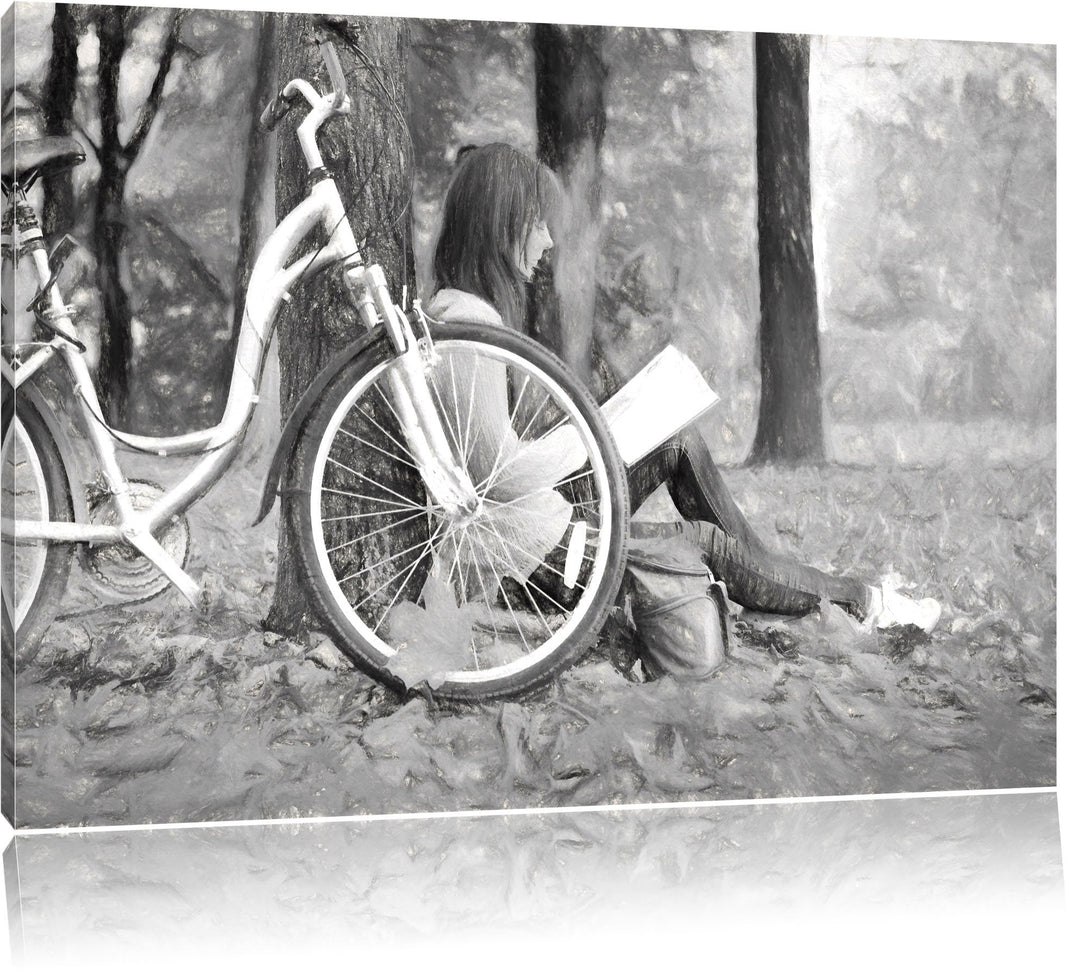 Pixxprint Teenager Girl with Bike 100x70cm Leinwandbild Wandbild Kunstdruck, 100x70