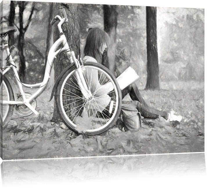 Pixxprint Teenager Girl with Bike 100x70cm Leinwandbild Wandbild Kunstdruck, 100x70