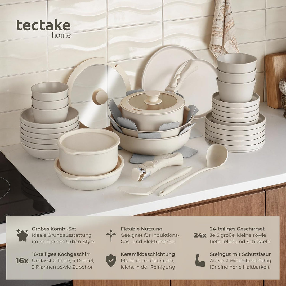 tectake® Küchenstarterset 6 Personen, Steingut Geschirr Set, Teller, 3 Pfannen, 2 Töpfe, rostfreies