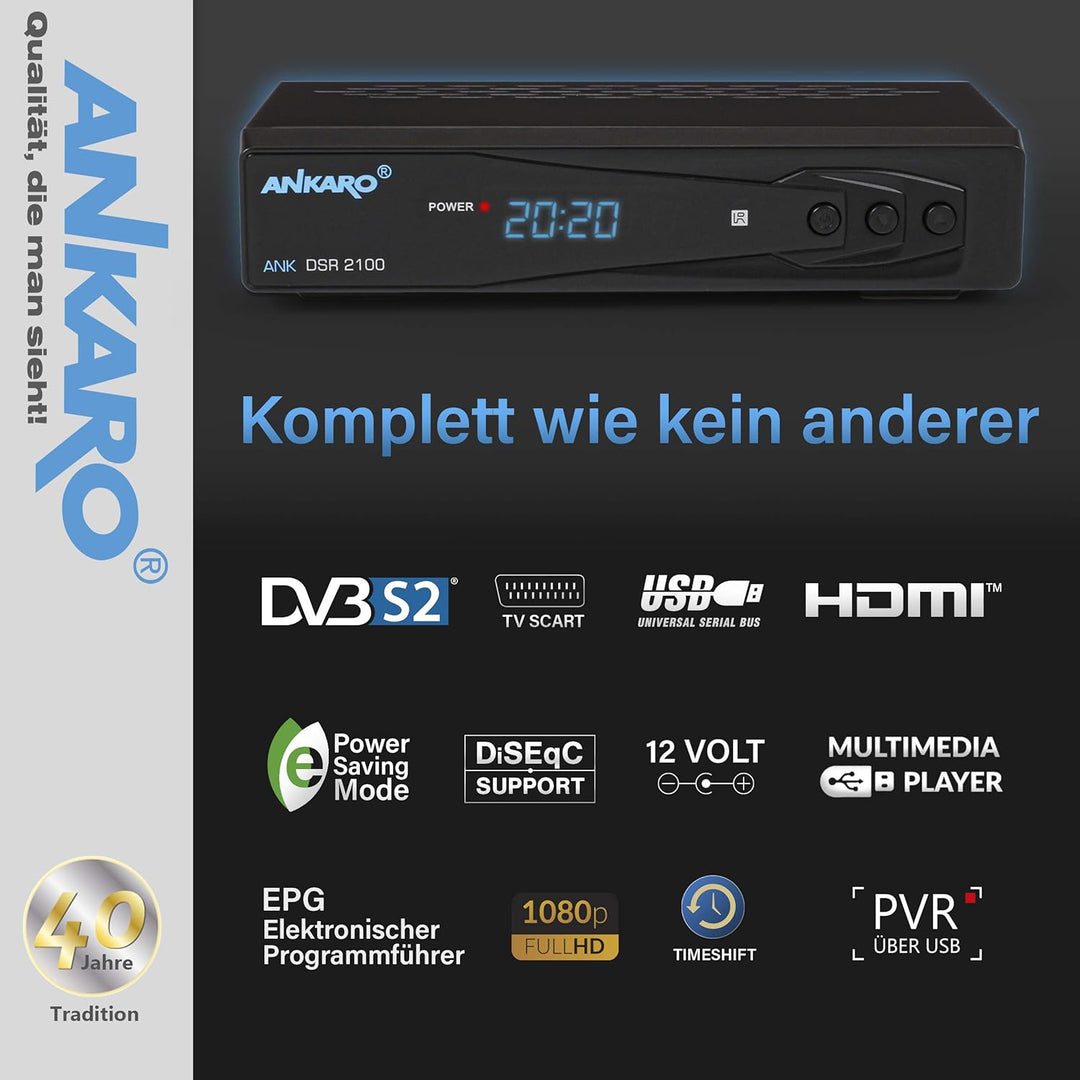 ANKARO DSR 2100 digitaler Full HD 1080p Satelliten Receiver schwarz mit USB Mediaplayer, Aufnahmefun