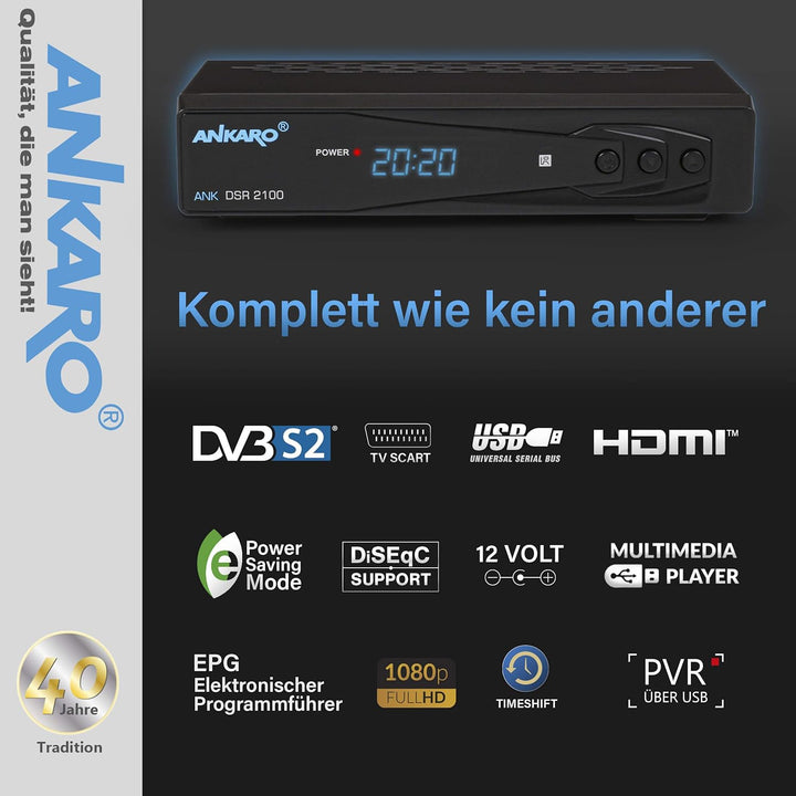ANKARO DSR 2100 digitaler Full HD 1080p Satelliten Receiver schwarz mit USB Mediaplayer, Aufnahmefun